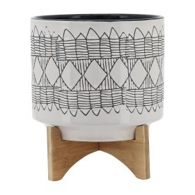 CERAMIC 10" AZTEC PLANTER ON WOODEN STAND, GRAY