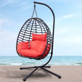 Outdoor Rattan Hanging Oval Egg Chair in Stock, 37"Lx35"Dx78"H (Red)