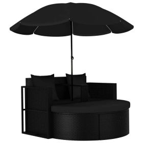 Patio Bed with Parasol Poly Rattan Black