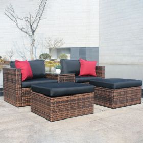 5 Pieces Outdoor Patio Garden Brown Wicker Sectional Conversation Sofa Set with Black Cushions and Red Pillows,w/ Furniture Protection Cover