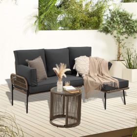 Dark Grey Patio Outdoor Sofa Couch Furniture Set With Side Table Rattan