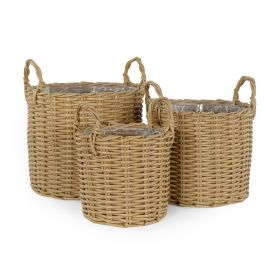 Set of 3 Multi-purposes Basket with handler - Hand Woven Wicker - Natural