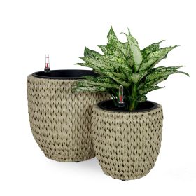 2-Pack Self-watering Wicker Planter - Garden Decoration Pot - Round - Beige