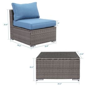 2 Pieces Patio Armless Blue Brown Single Rattan Wicker Sofa Couches Furniture With End Side Table Outdoor