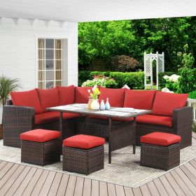 PE Wicker Patio Outdoor Furniture Brown Red Couch Sofa Set Foot Stool Side Table Sectional