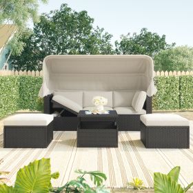 U_Style Outdoor Patio Rectangle Daybed with Retractable Canopy, Wicker Furniture Sectional Seating with Washable Cushions, Backyard, Porch