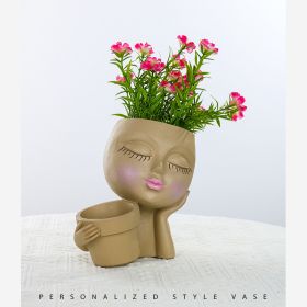 Resin Flower Pot Vase Artistic Sculpture Head Planter Flower Pot (Color: Brown)