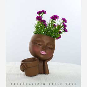 Resin Flower Pot Vase Artistic Sculpture Head Planter Flower Pot (Color: Coffee)