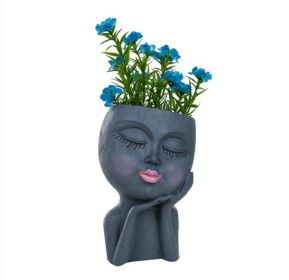 Resin Flower Pot Vase Artistic Sculpture Head Planter Flower Pot (Color: Gray)
